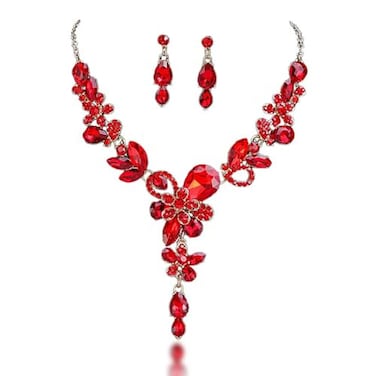 Zthread Bridal Jewelry Set Rhinestone Crystal Leaf Flower Necklace Dangle Earrings prom Costume Jewelry for Wedding Party Red