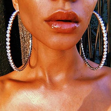 RELOVET Crystal Rhinestone Hoop Earrings Extra Large Thin Statement Skinny Sparkle Bling Drop Circle Dangle Silver Gold Statement for Women Party Dance Fashion Jewelry silver