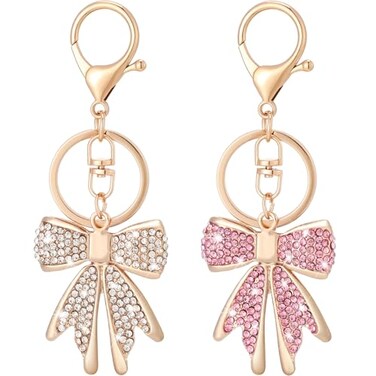 Wavwavw 2 Pcs Rhinestone Bow Keychain Cute Purse Handbag Charms Backpack Accessories for Back to School Gift Cheer Stocking StufferGold Pink