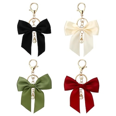 Hariendny 4 Pack Purse Charms Bow Keychain for Handbag Cute Car Key Chain Black Red White Green Bowknot Key Ring Bag Charm Pendant for Girls
