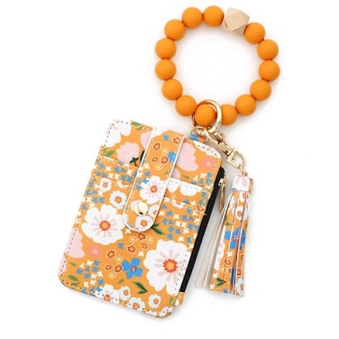AHQKCRF Flower Keychain Wristlet Wallets for Women Cute Silicone Beaded Credit Card Holder Key Ring Bracelet Wallet Yellow
