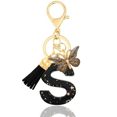 ANHBKAR Alphabet Initial Letter Keychain Butterfly Keychain Cute Resin Initial Keychain to Backpack Charms Key chain Gift for Women Girls S BLACK