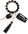 BAOSIWA Silicone Beaded Bracelet Keychain Black Flower Wristlet Key Ring Bangle Chains Gifts for Women Girls with Leather Tassel
