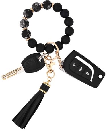 BAOSIWA Silicone Beaded Bracelet Keychain Black Flower Wristlet Key Ring Bangle Chains Gifts for Women Girls with Leather Tassel