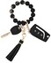 BAOSIWA Silicone Beaded Bracelet Keychain Black Flower Wristlet Key Ring Bangle Chains Gifts for Women Girls with Leather Tassel