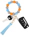 BAOSIWA Silicone Beaded Bracelet Keychain Boho Blue Wristlet Key Ring Bangle Chains for Women Girls with Leather Tassel