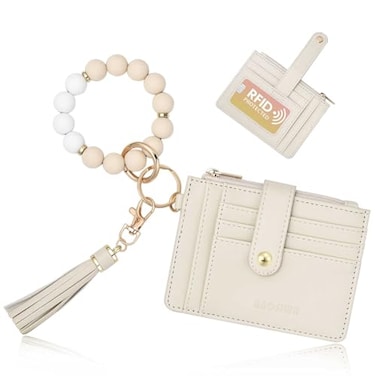 BAOSIWA Silicone Beaded Bracelet Keychain Wallet Beige Wristlet Credit Card Holder Small RFID Wallet Bangle Key Ring for Women with Zipper Pocket
