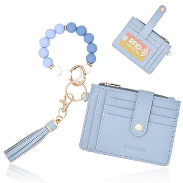 BAOSIWA Silicone Beaded Bracelet Keychain Wallet Blue Wristlet Credit Card Holder Small RFID Wallet Bangle Key Ring for Women with Zipper Pocket