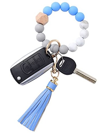 BAOSIWA Silicone Beaded Bracelet Keychain Wristlet Key Ring Blue Bangle Chains for Women with Leather Tassel