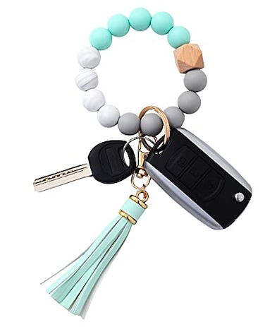 BAOSIWA Silicone Beaded Bracelet Keychain Wristlet Key Ring Green Bangle Chains for Women with Leather Tassel