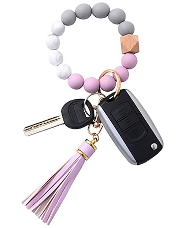 BAOSIWA Silicone Beaded Bracelet Keychain Wristlet Key Ring Purple Bangle Chains for Women with Leather Tassel