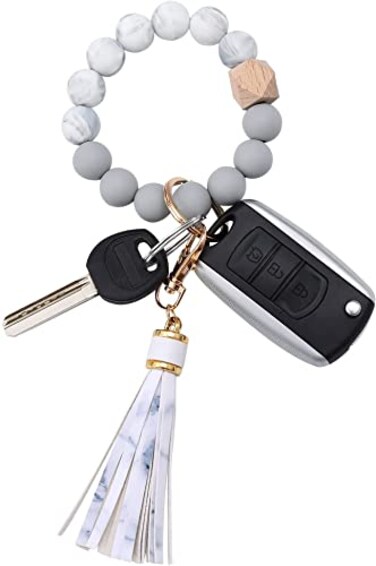 BAOSIWA Silicone Beaded Keychain Bracelet Wristlet Key Ring White Bangle Chains for Women with Leather Tassel