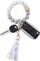 BAOSIWA Silicone Beaded Keychain Bracelet Wristlet Key Ring White Bangle Chains for Women with Leather Tassel