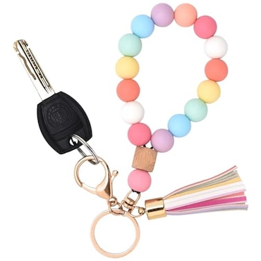BAOSIWA Silicone Key Ring Bracelet Wristlet Keychain Rainbow Beaded Bangle Key Chains for Women with Leather Tassel