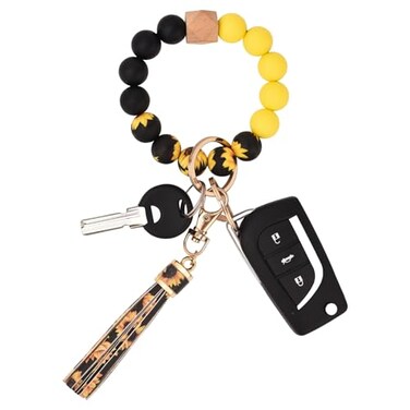 BAOSIWA Sunflower Gifts Women Silicone Keychain Bracelet Beaded Wristlet Key Ring Bangle Chains with Leather Tassel