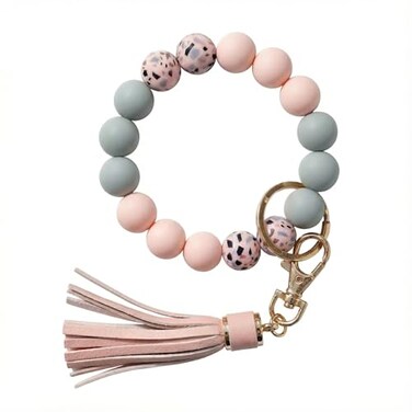 BIHRTC Key Ring Bracelet Car Keychain Holder Wristlet Silicone Women Beaded Bangle ChainsLight Pink25 inch