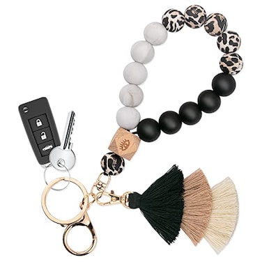 Bisanzoya Beaded Keychain with Tassel Silicone Key Ring Bracelet Cute Boho Car Key Chain Wristlet for Women Beaded Light Leopard