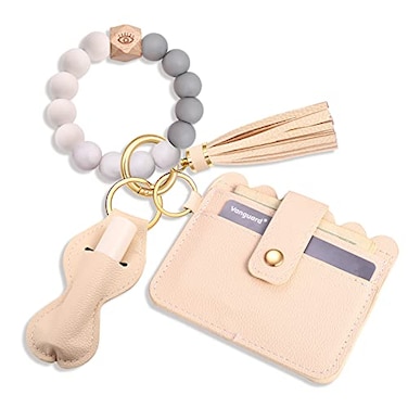 BVGA Wristlet Keychain Bracelet Wallet Silicone Bead keyring Bangle for Women Offwhite
