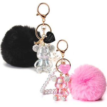 YOU WIZV Cute Keychain 2PCBlack Pink Teddy Bear KeychainBling Keychains for Women and Puff Ball key chains for Car KeysBackpack Charmgirl Pom Pom Keychain
