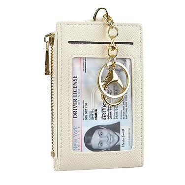Cynure Women Leather RFID Blocking Card Holder Slim Small Zipper Keychain Front Pocket Wallet with 2 ID Window beige