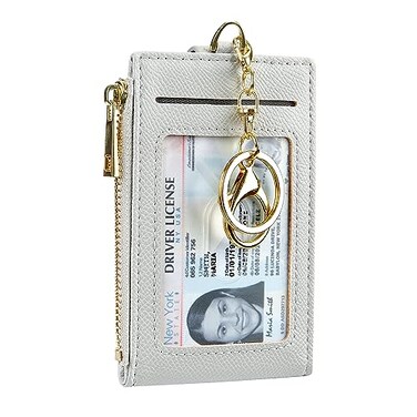 Cynure Women Leather RFID Blocking Card Holder Slim Small Zipper Keychain Front Pocket Wallet with 2 ID Window grey