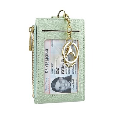 Cynure Women Leather RFID Blocking Card Holder Slim Small Zipper Keychain Front Pocket Wallet with 2 ID Window light green