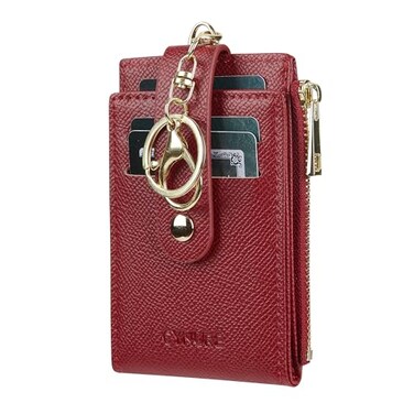 Cynure Women Leather RFID Blocking Card Holder Slim Small Zipper Keychain Front Pocket Wallet with 2 ID Window red