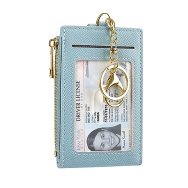 Cynure Women Leather RFID Blocking Card Holder Slim Small Zipper Keychain Front Pocket Wallet with 2 ID Windowlight blue