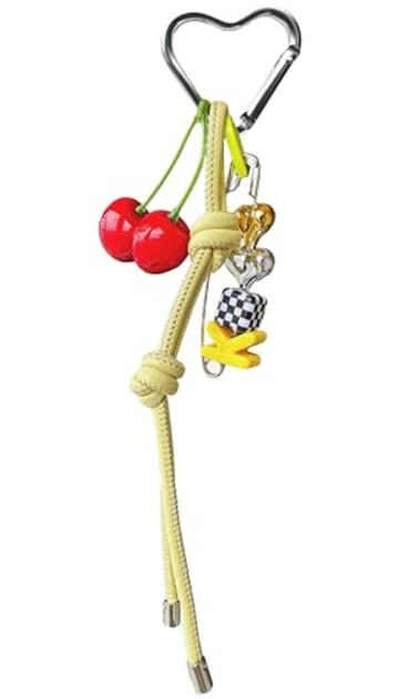 E-Go Pom EGo Pom Cherry Keychain Bag Charm Leather Knots Bag Charm Leather Tassel KeyChain Hand Woven Pale Yellow Small