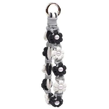 elephtree Boho Macrame Keychain Wristlet Keychain Weave Exquisite Keyring Holder Bracelet Handmade Wrist Lanyard for Women Black flower with pearl