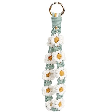 elephtree Boho Macrame Keychain Wristlet Keychain Weave Exquisite Keyring Holder Bracelet Handmade Wrist Lanyard for Women Green flower