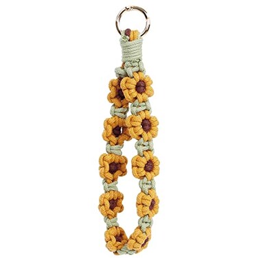 elephtree Boho Macrame Keychain Wristlet Keychain Weave Exquisite Keyring Holder Bracelet Handmade Wrist Lanyard for Women Yellow flower