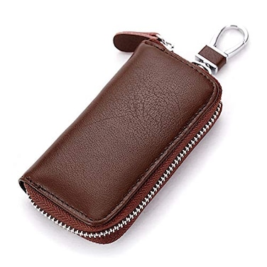 Funny live Genuine Leather Key Holder Bag with 2 Card Slots 6 Hooks Access Card Case for Men Women Brown