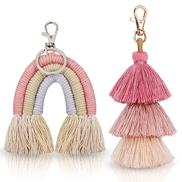 Hicarer 2 Pieces Boho Rainbow Keychains Pom Colorful Pom Tassel Macrame Keychains Car Keyring Holder for Women GiftFresh Color