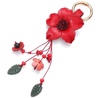 Inbagi Leather Leaf Flower Tassel Keychain Boho Accessories Cute Keychains for Women Wallet Bag Purse Ring Pendant Charms Red