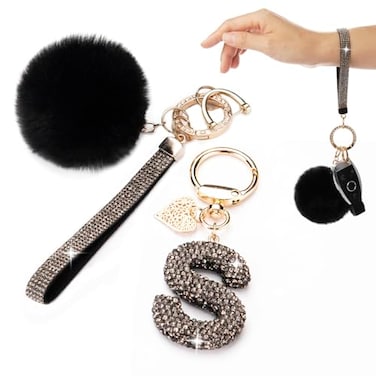 HONYJOOM Initial Letter Keychain for Women Girls Girly Bling Rhinestone Sparkly Key Chains Cute Car keys Backpack Bag Charms Pom Pom Keychains Wristlet Accessories S keychain black