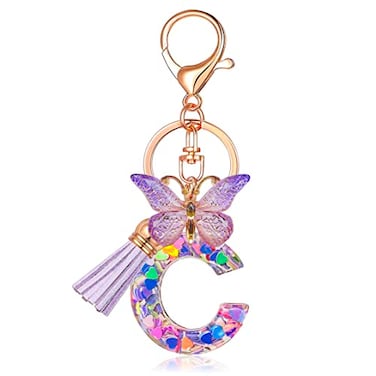 JINGUAZI Initial letter Keychains for Women Tassel Butterfly Pink Cute Car Keychain for Wallet Purses Backpack Purple C