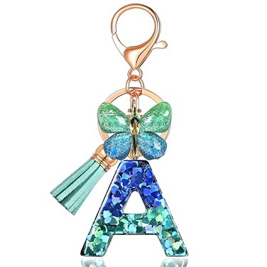 JINGUAZI Initial letter Keychains for Women Tassel Butterfly Pink Purple Cute Car Keychain for Wallet Backpack bag charm ABlue Green