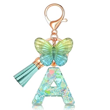 JINGUAZI Initial letter Keychains for Women Tassel Butterfly Pink Purple Cute Car Keychain for Wallet Backpack bag charm AGreen