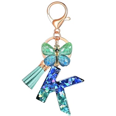 JINGUAZI Initial letter Keychains for Women Tassel Butterfly Pink Purple Cute Car Keychain for Wallet Backpack bag charm KBlue Green