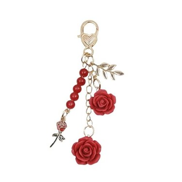 Joiigaem Rose Keychain Charm with Tassel Chain with Colorful Flowers and Beads Red