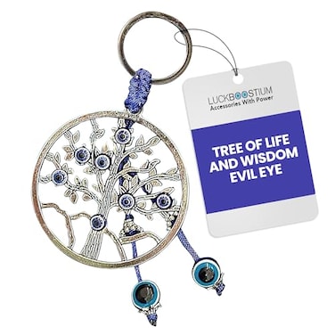 LUCKBOOSTIUM Silver Tree of Life Evil Eye Good Luck Keychain Protection Charm Tree of Life Keychain Evil Eye Hanging Accessory Rear View Mirror Ornament Gift for Men Women Good Luck Charm