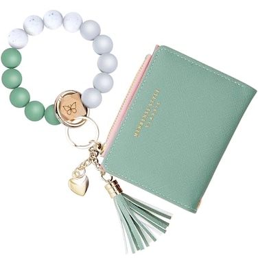 Manlosen Keychain Bracelet Wristlet Silicone Beaded Key Ring Bracelet with Wallet Card Holder Pocket for Womens Green