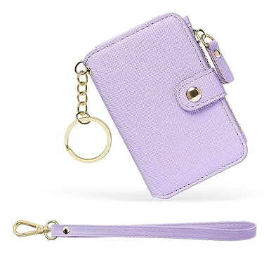 M-Plateau MPlateau Wallet Womens card Holder Leather Keychain Wallet With Zipper Coin Pocket ID Window Wrist Strap Gift Box Lavender