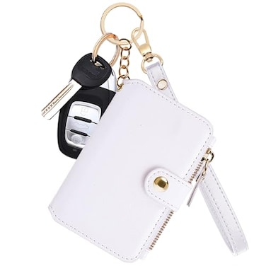 M-Plateau MPlateau Wallet Womens card Holder Leather Keychain Wallet With Zipper Coin Pocket ID Window Wrist Strap Gift Box White