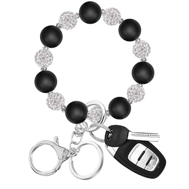 M-Plateau MPlateau Wristlet Keychain Silicone Beaded Wrist keychain with Key Ring for Women Elastic Keychain Bracelet Black Silver