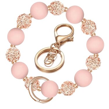 M-Plateau MPlateau Wristlet KeychainFoodGrade Silicone Beaded Keychain Wristlet Handmade Elastic Key Ring Bracelet for WomenPink Gold