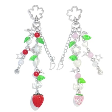 Nalefow Cute Pink Keychain Fuzzy Cat Keychain Aesthetic Y2K KeychainCharms Stylish KeychainsAccessories for Bag keychain Purse Gifts 2PCS Strawberry Leaf Sets