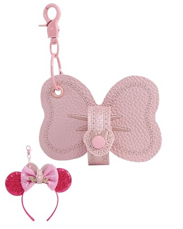 Nuolich Mouse Ear Holder for Backpack Pink Leather Strap Keychain Headband Holder Trip Accessories Display Decor Bowknot