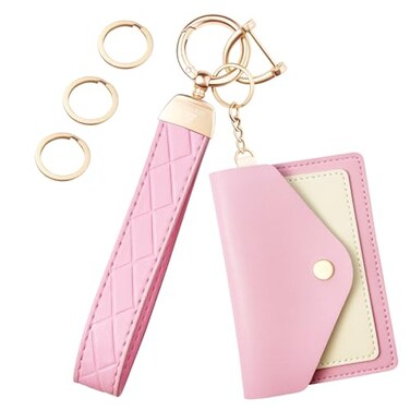 OHKYOOT Wristlet Keychain with 3 Key Rings D Ring and Slim Wallet Pink
